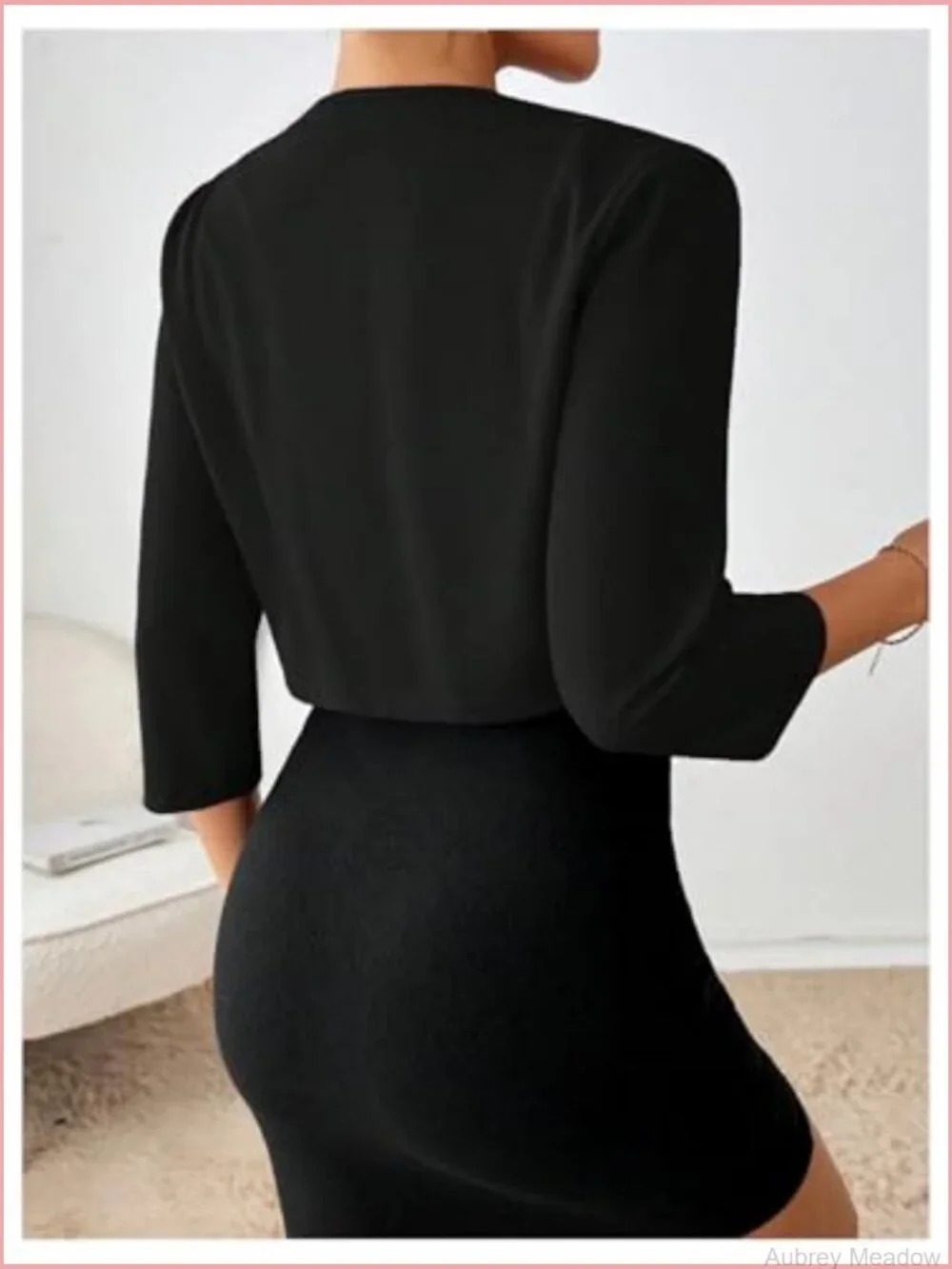 Open Front 3/4 Sleeve Pleated Crop Blazer Jacket Stretch Knit Womens Work Office